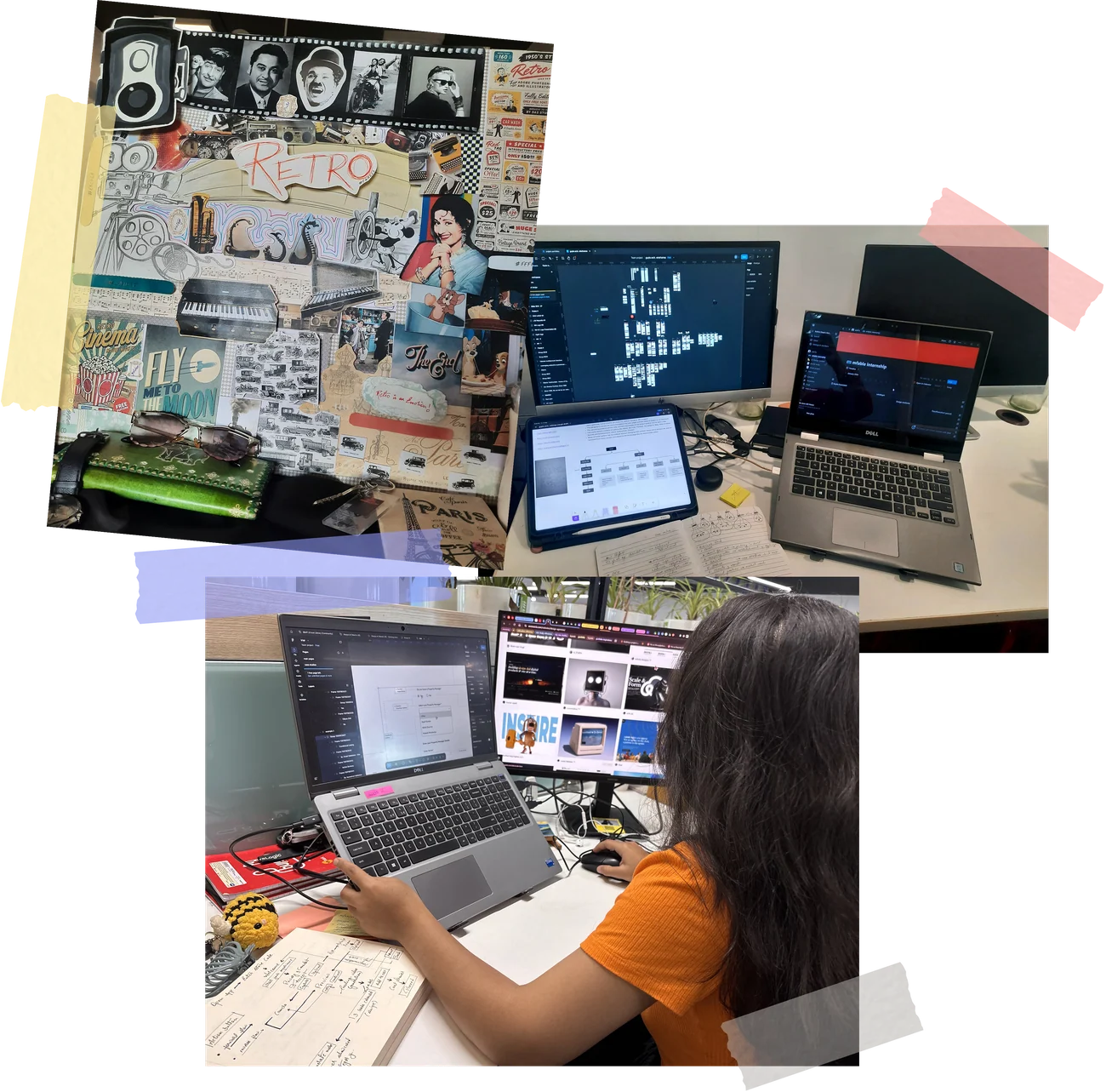Photographs of her desk, moodboards and screens