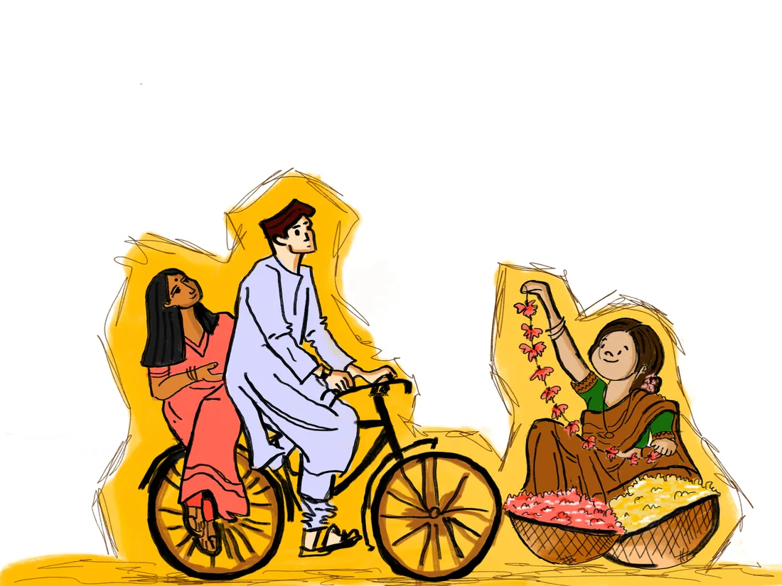 Illustration of a couple on a bicycle passing a seller of flower garlands