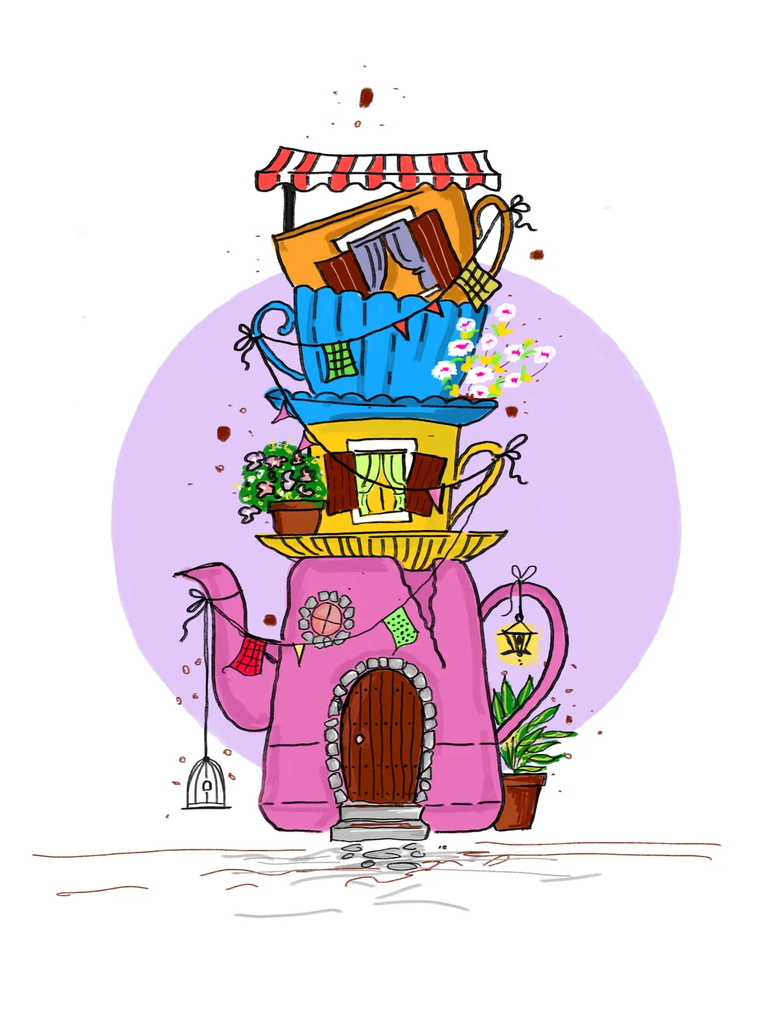 Illustration of a teapot and stacked teacups drawn as a little town house