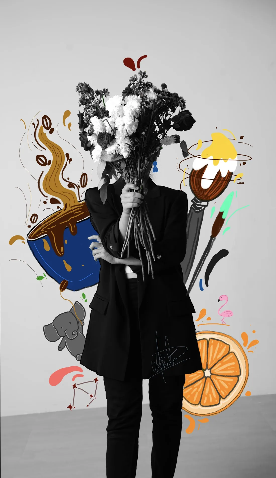 Photograph of a woman holding a bouquet, surrounded by hand-drawn coffee, brush and orange doodles