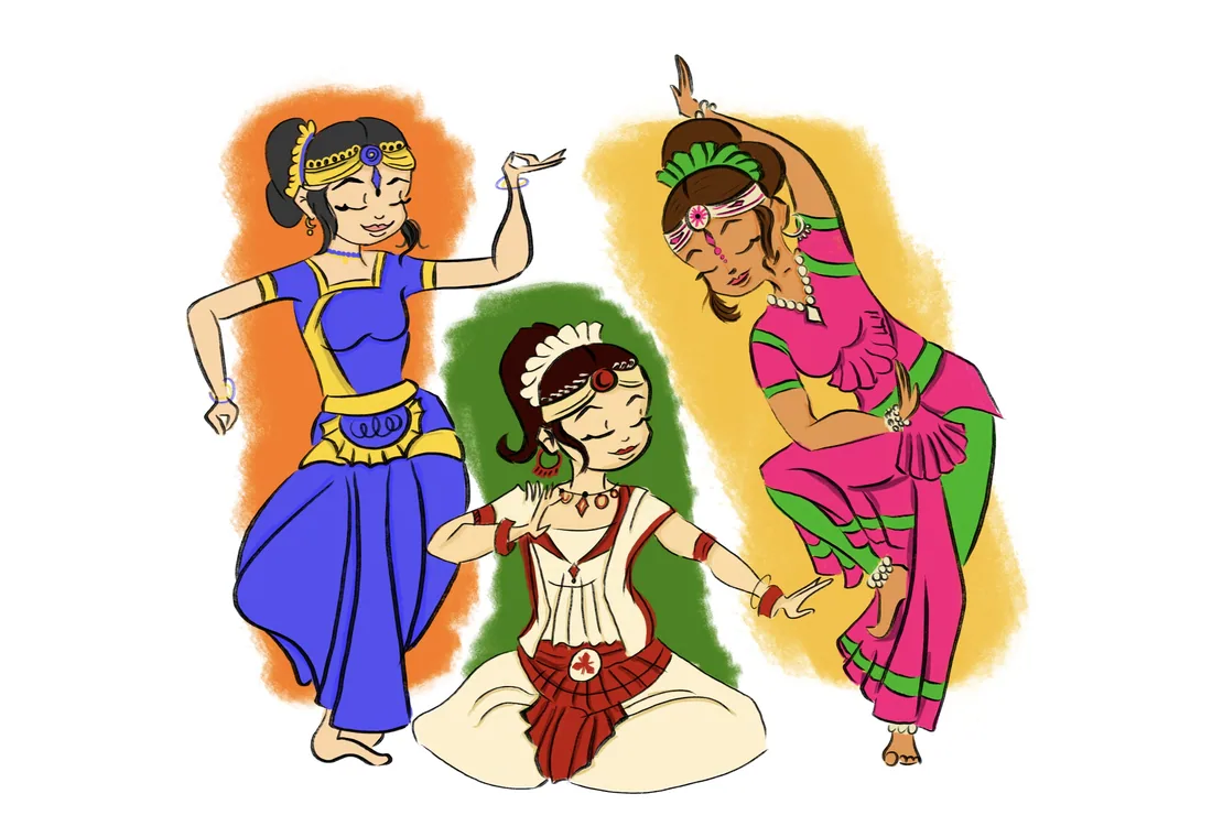 Illustration of three classical Indian dancers in blue, white and pink