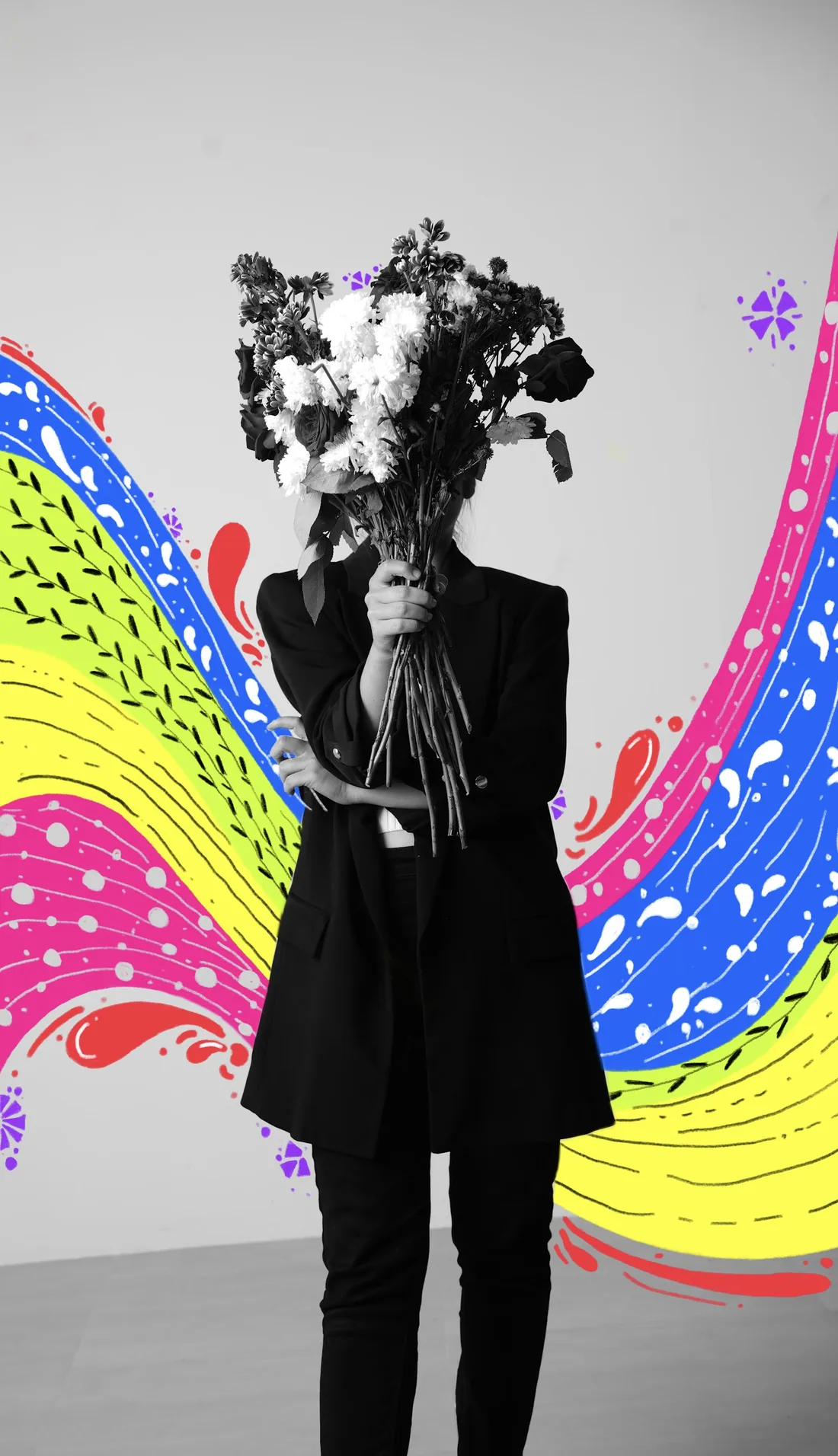 Photograph of a woman holding a bouquet, with a colourful hand-drawn wave behind her